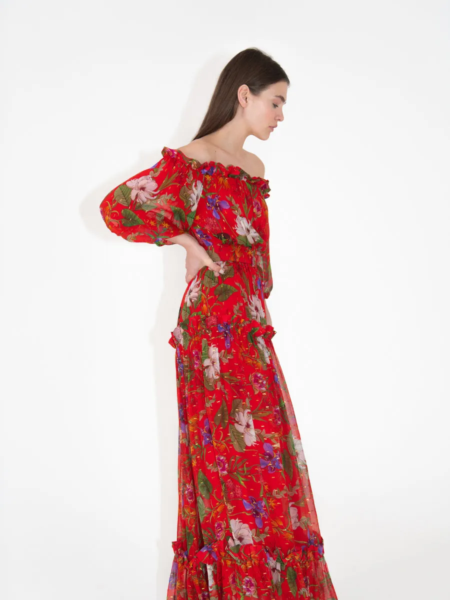 Gwendolyn Georgette Off-the-Shoulder Maxi Dress - Safari Red