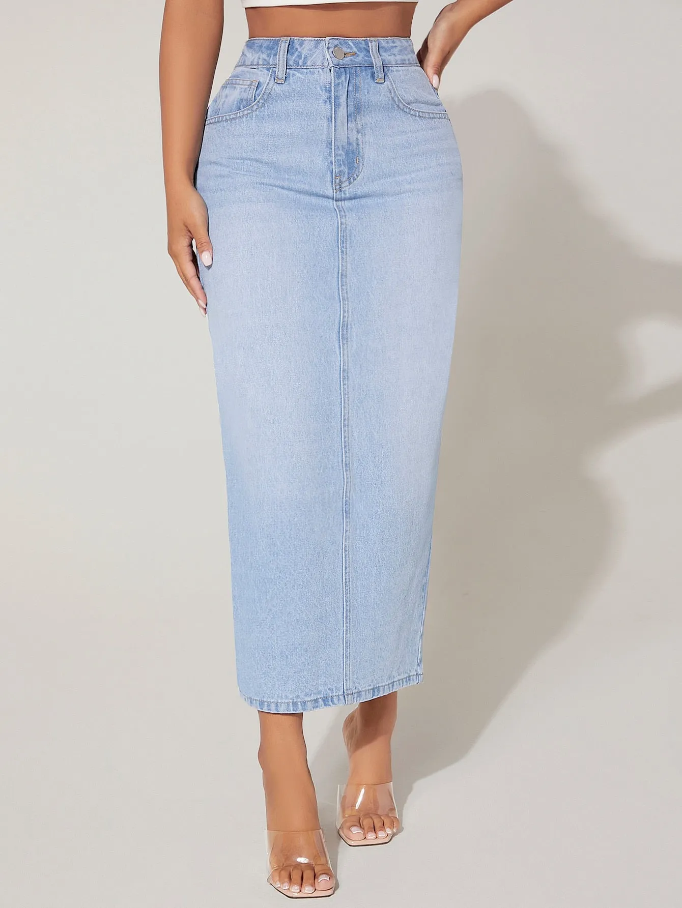 High Waist Split Back Denim Skirt-Petite