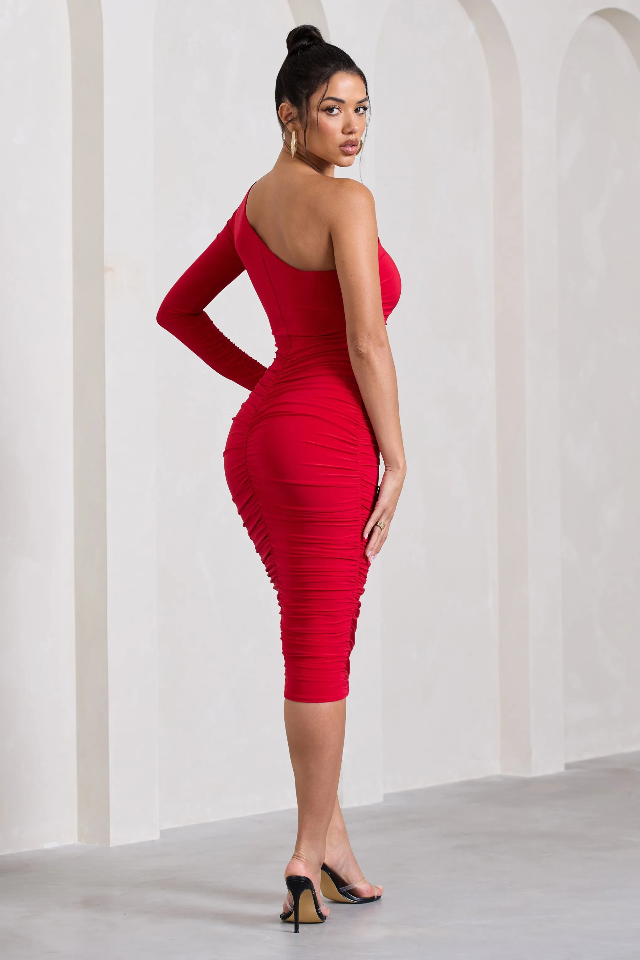 In The Shadows | Red One Sleeve Midi Dress With Ruching