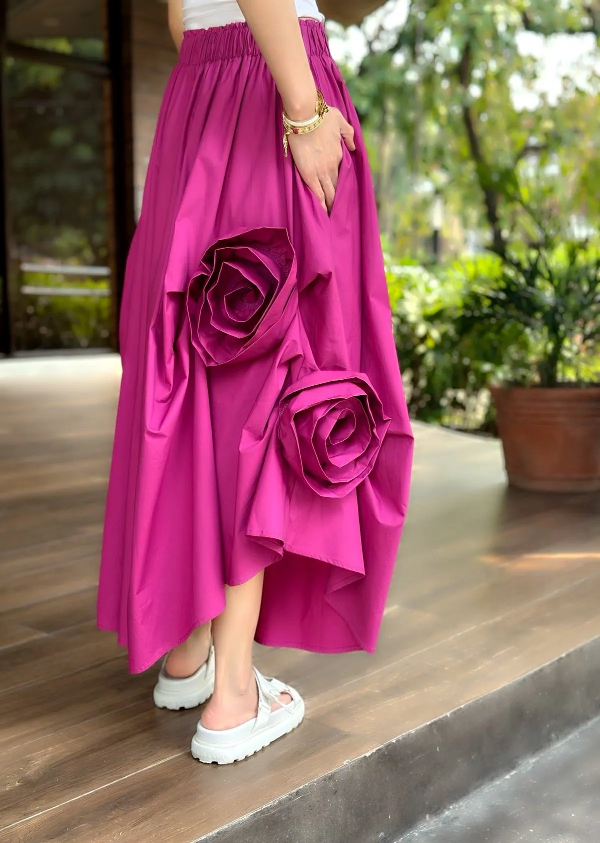 Ivory Pleated Skirt in Magenta