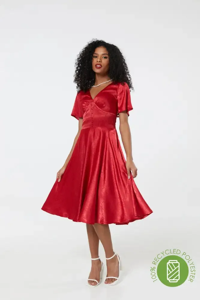 Kaylee Fit and Flare, Midi Swing Red Dress in Jacquard