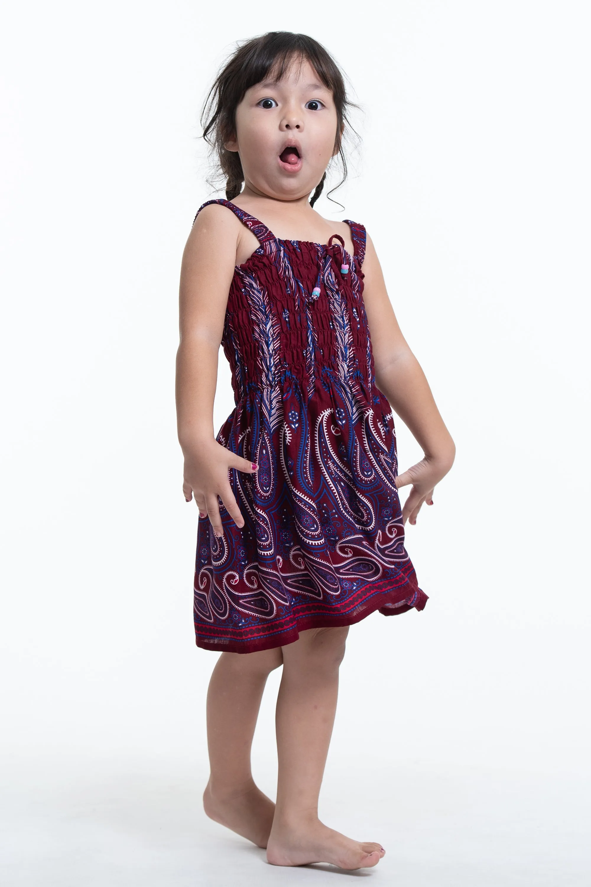 Kids Paisley Feathers Smock Dress in Red