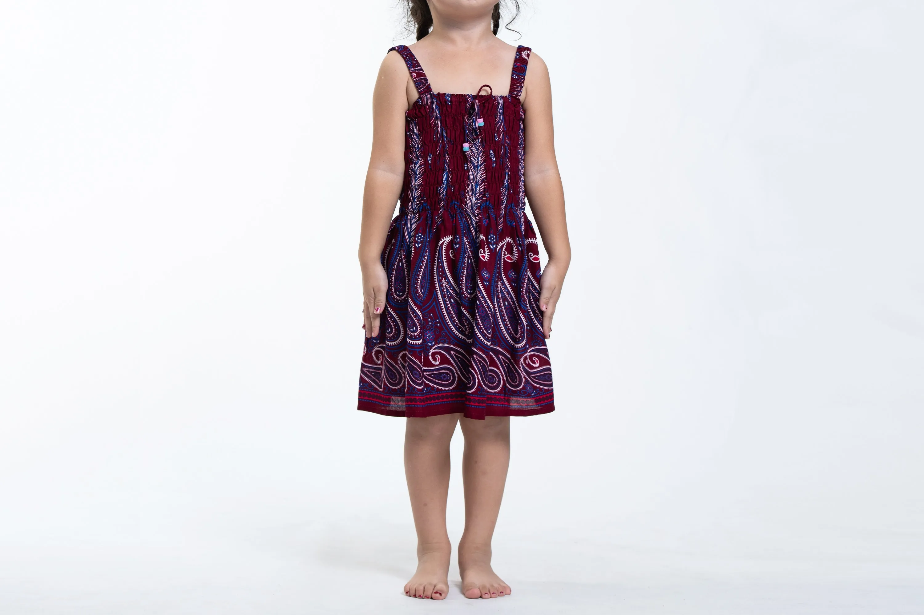 Kids Paisley Feathers Smock Dress in Red