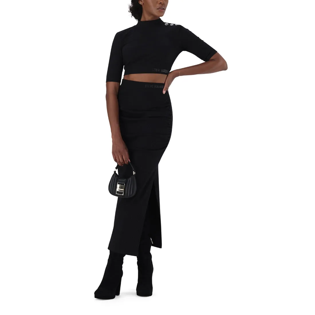 LAUREN BLACK HIGH WAISTED RIB BODYCON MAXI SKIRT