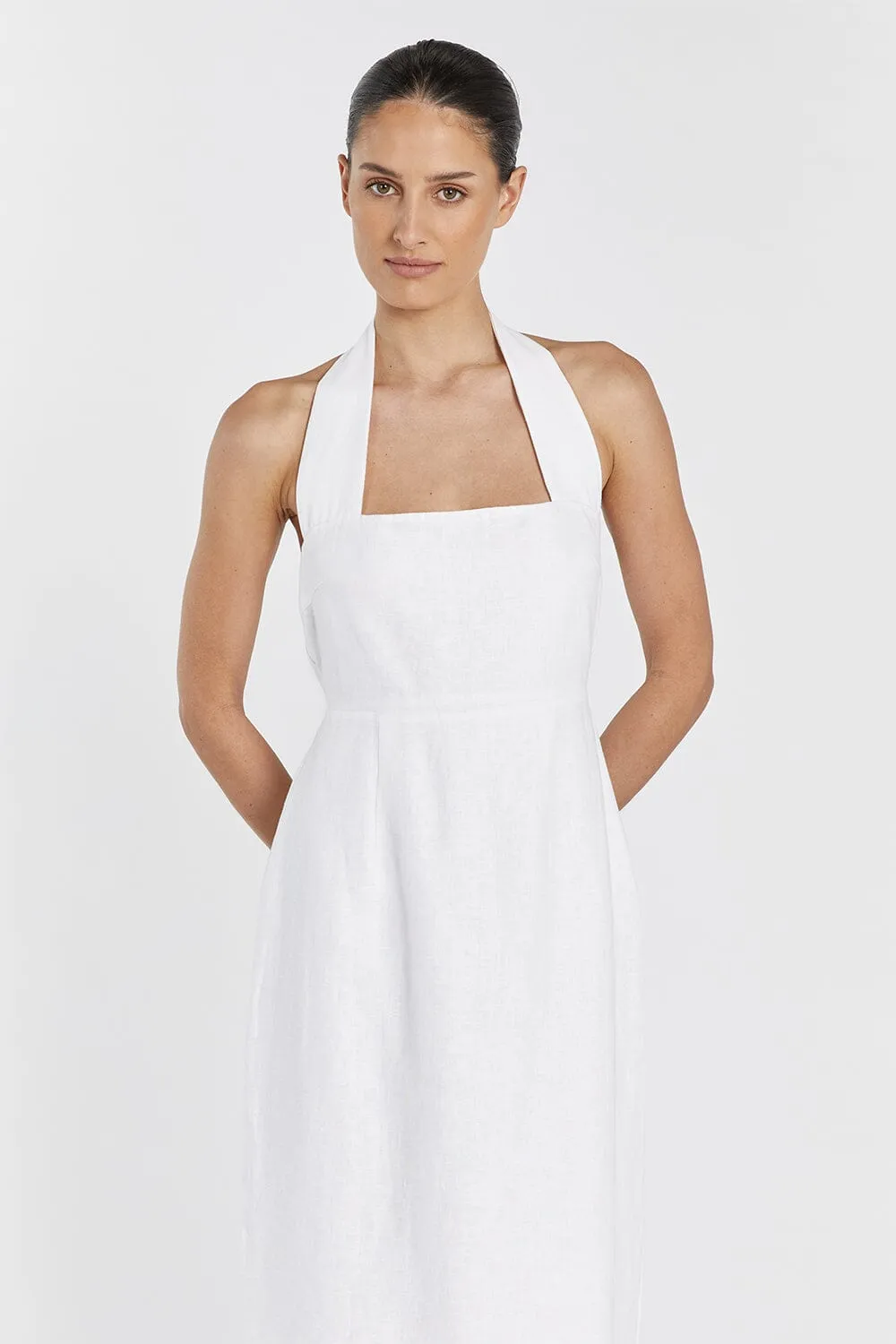 LEO WHITE HALTER LINEN MIDI DRESS