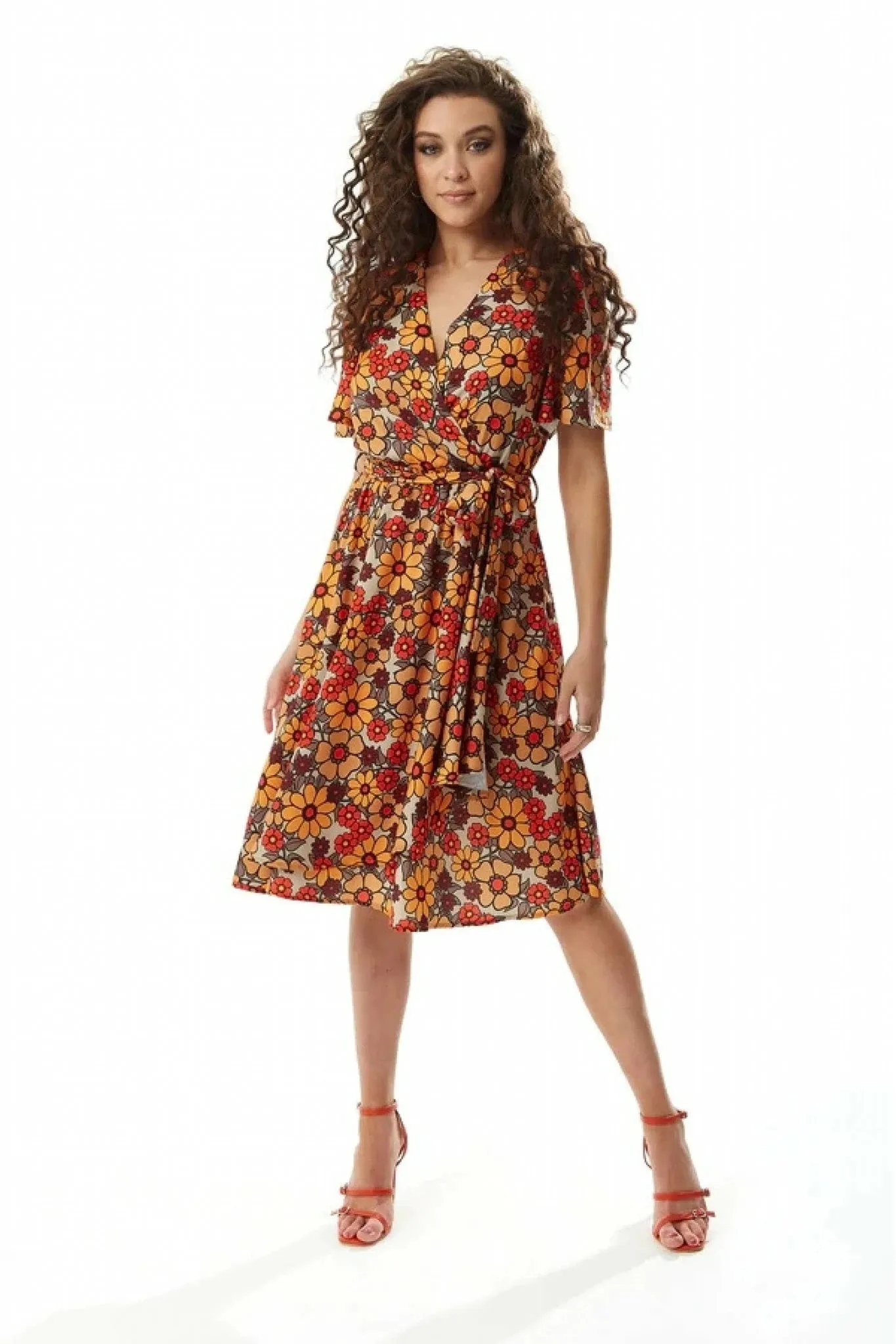 Floral Print Midi Wrap Dress in Orange and Red - Liquorish