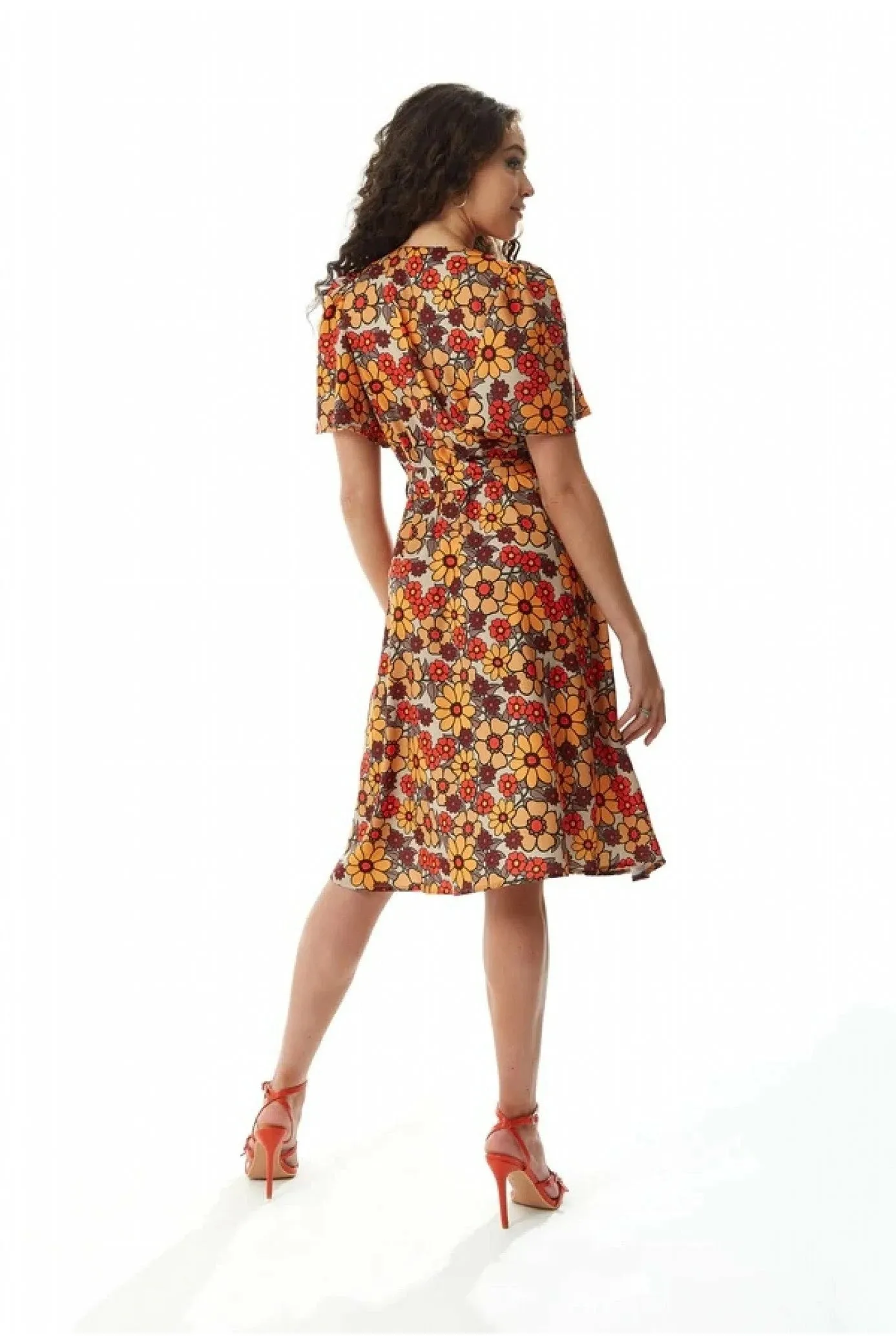 Floral Print Midi Wrap Dress in Orange and Red - Liquorish