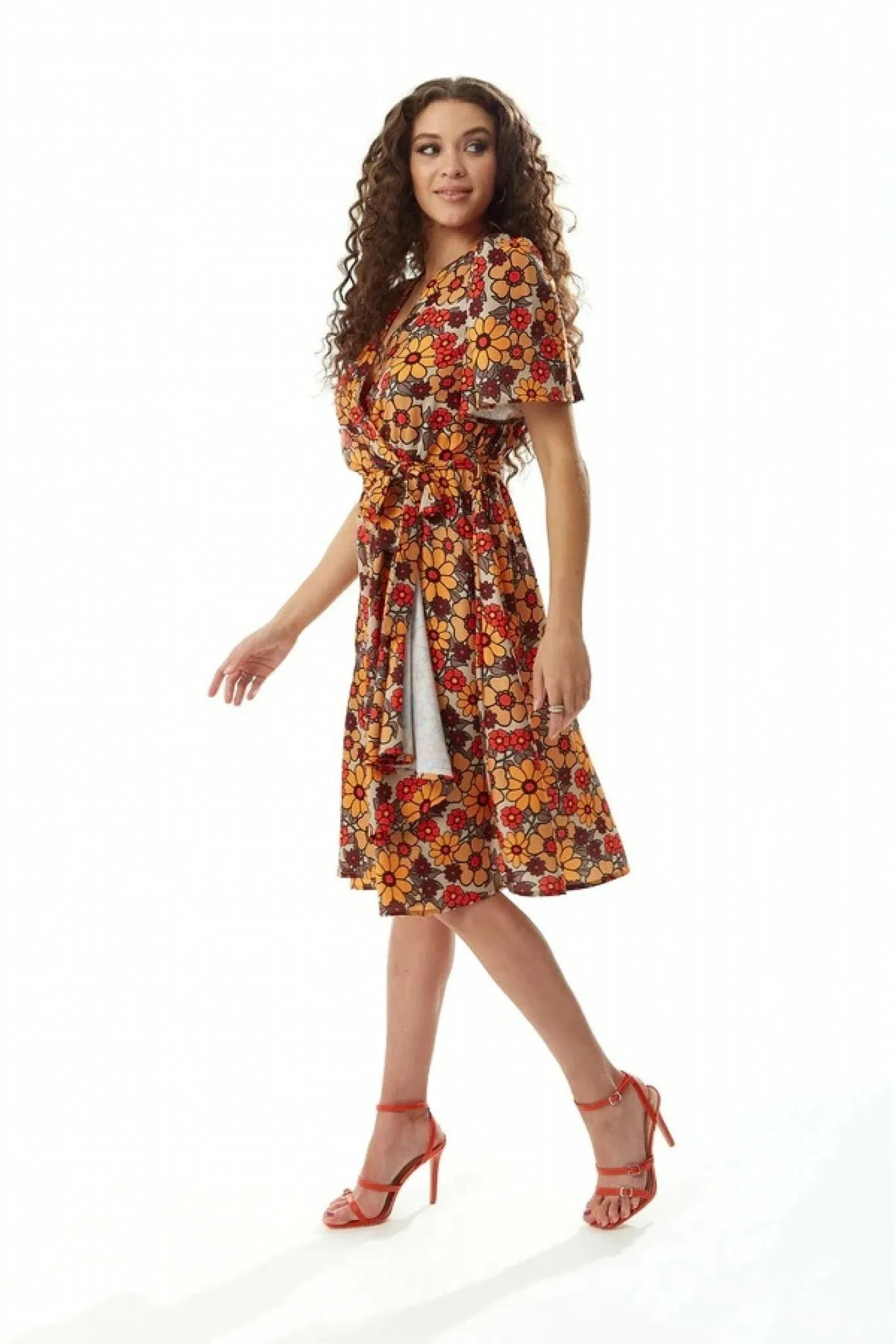 Floral Print Midi Wrap Dress in Orange and Red - Liquorish