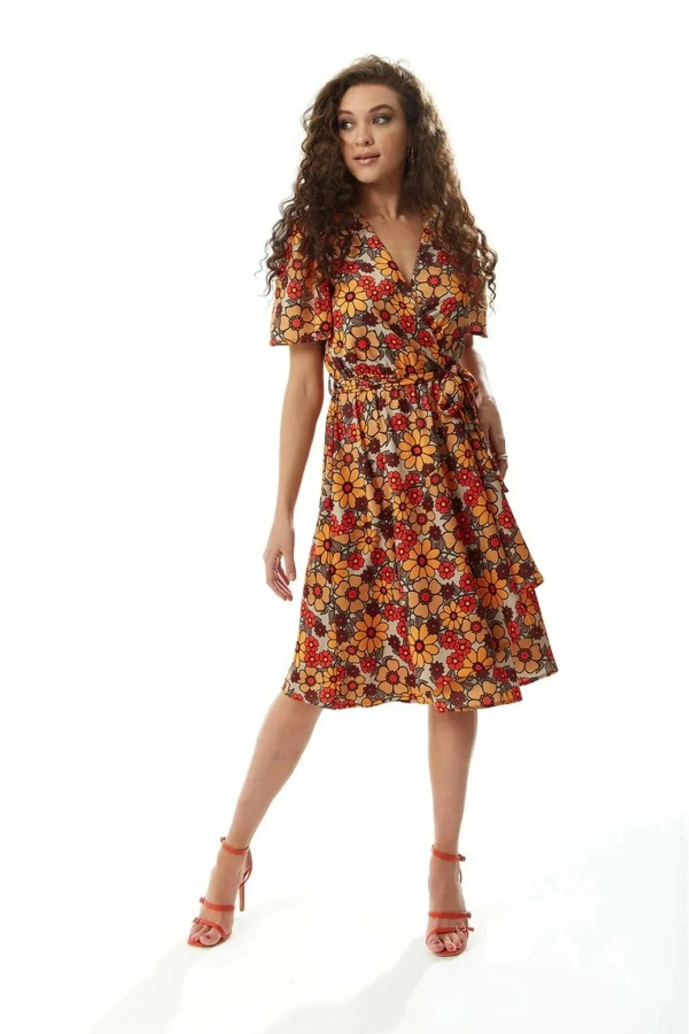 Floral Print Midi Wrap Dress in Orange and Red - Liquorish