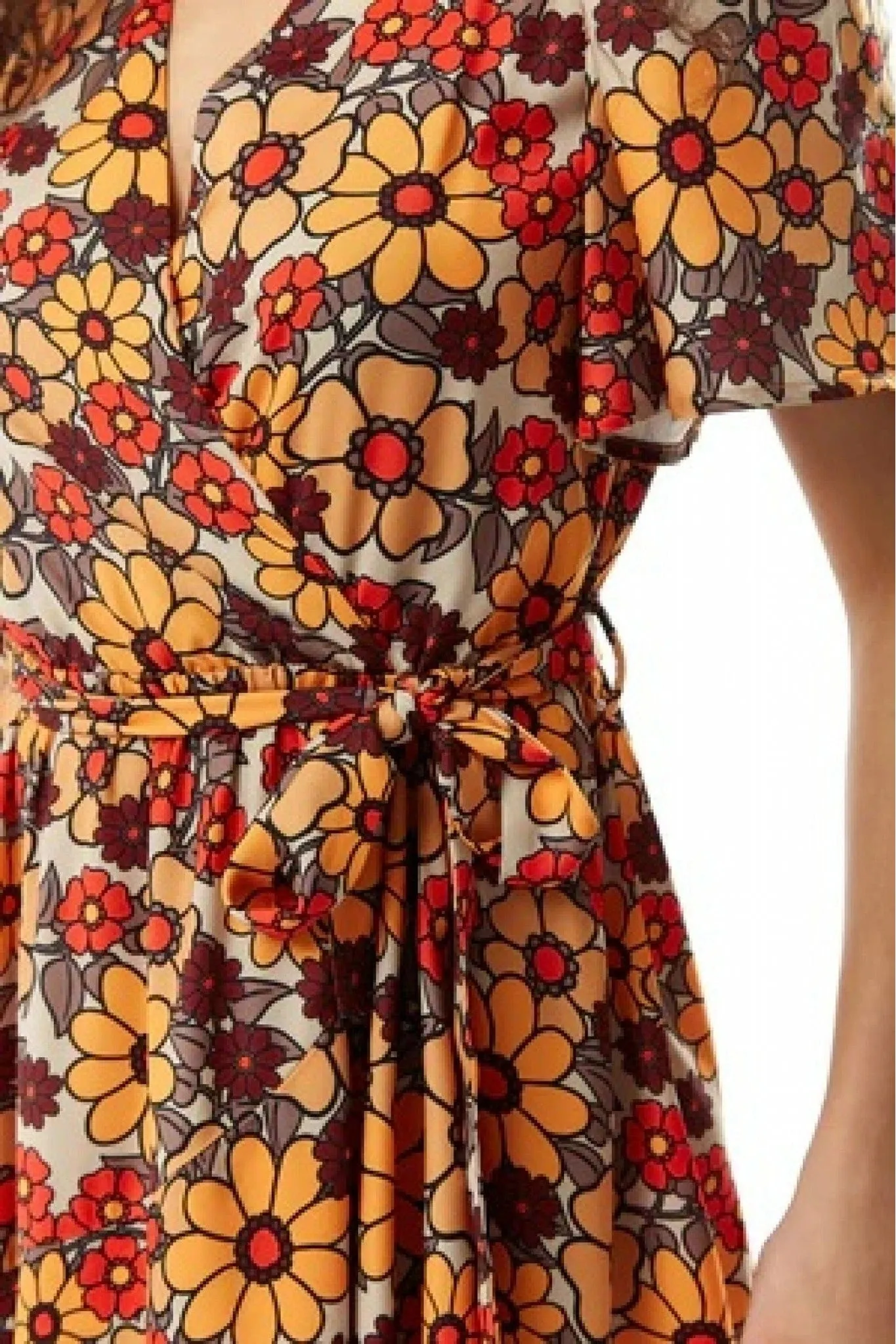 Floral Print Midi Wrap Dress in Orange and Red - Liquorish