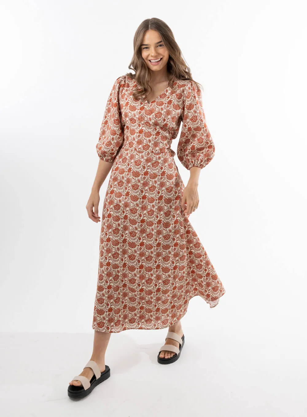 Lydia Linen Wrap Dress-Paisley Red