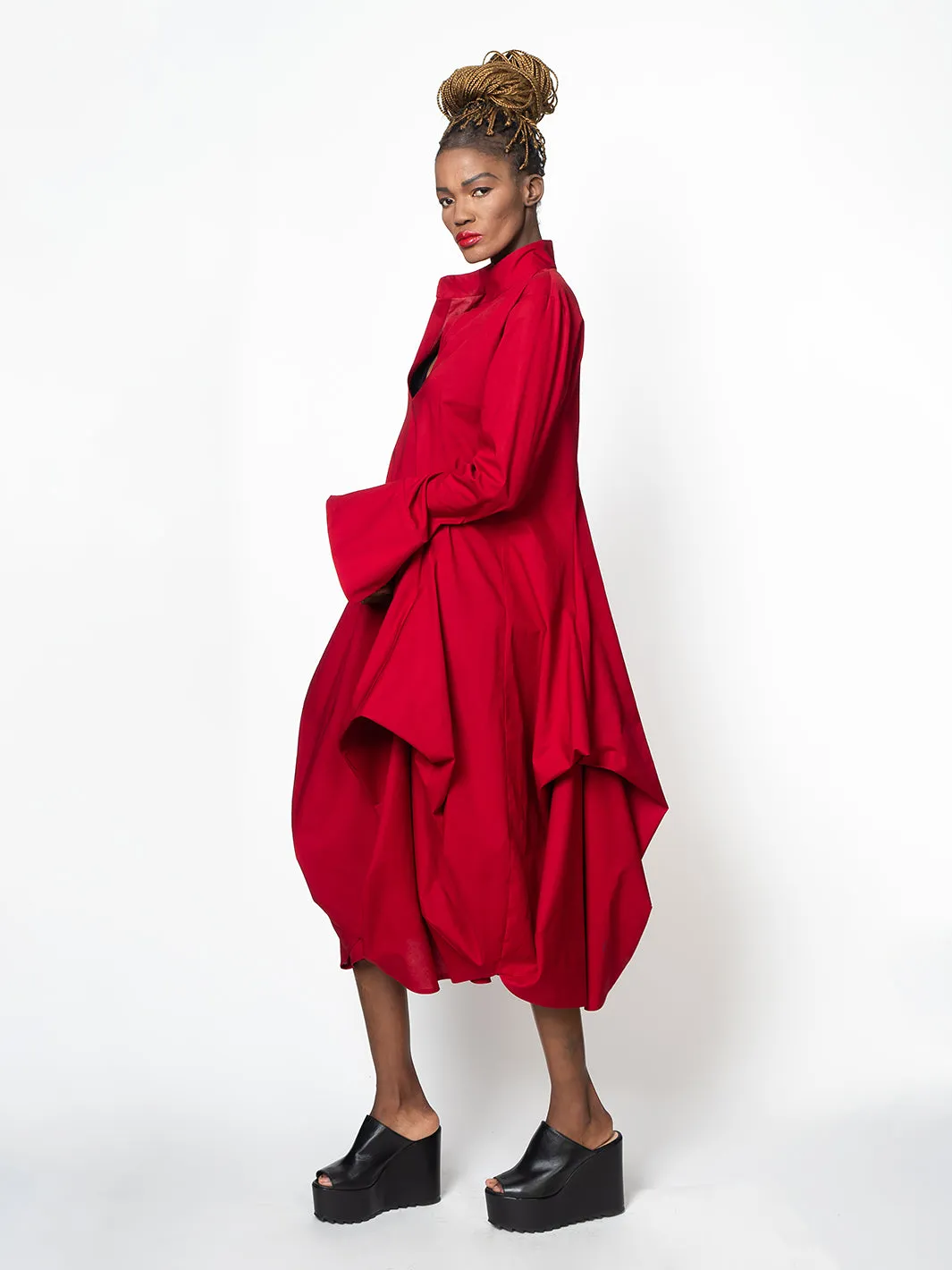 Maxi Asymmetric Collar Shirt  Dress In Red