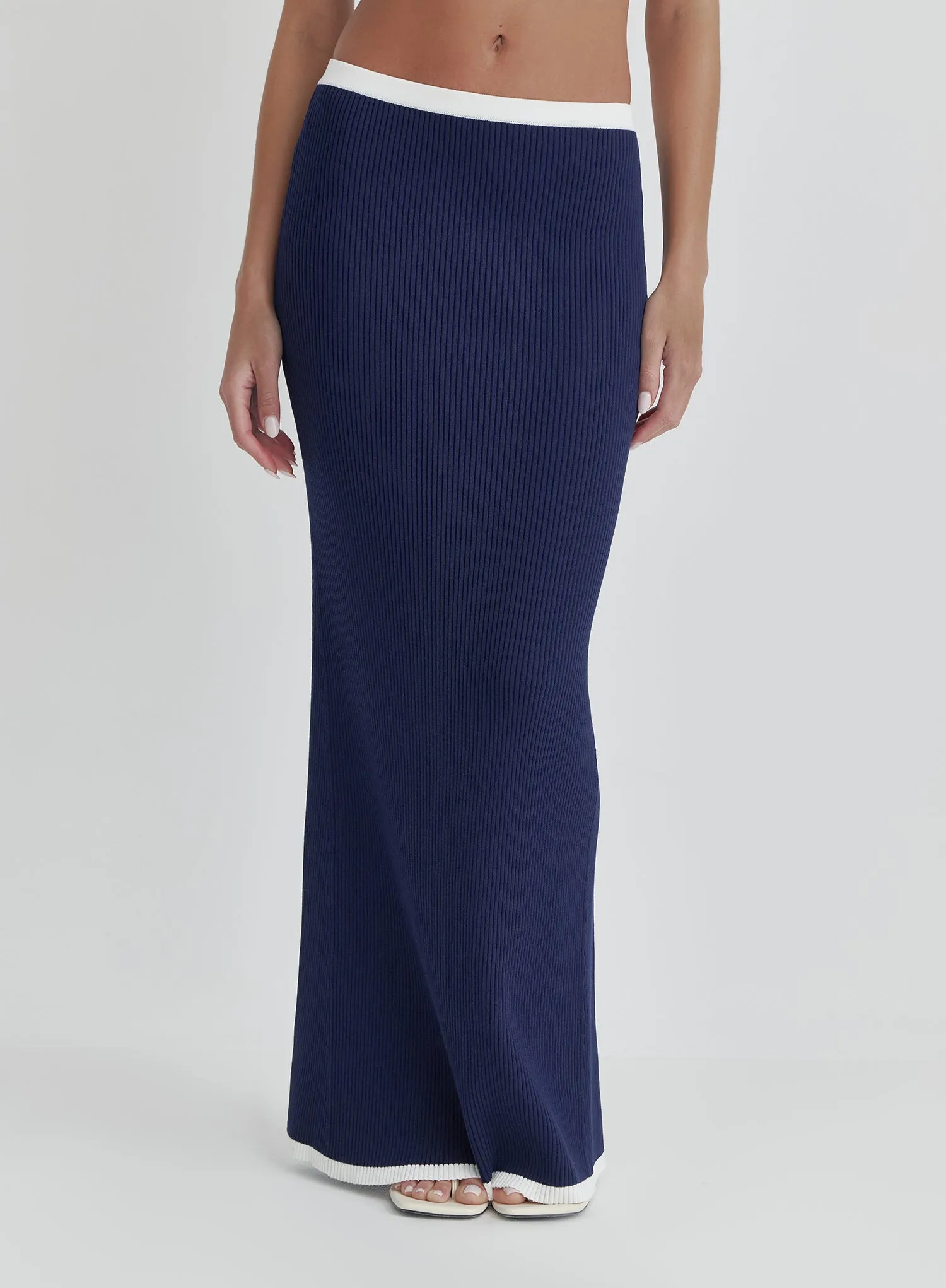 Navy Contrast Waistband Knitted Maxi Skirt- Colette