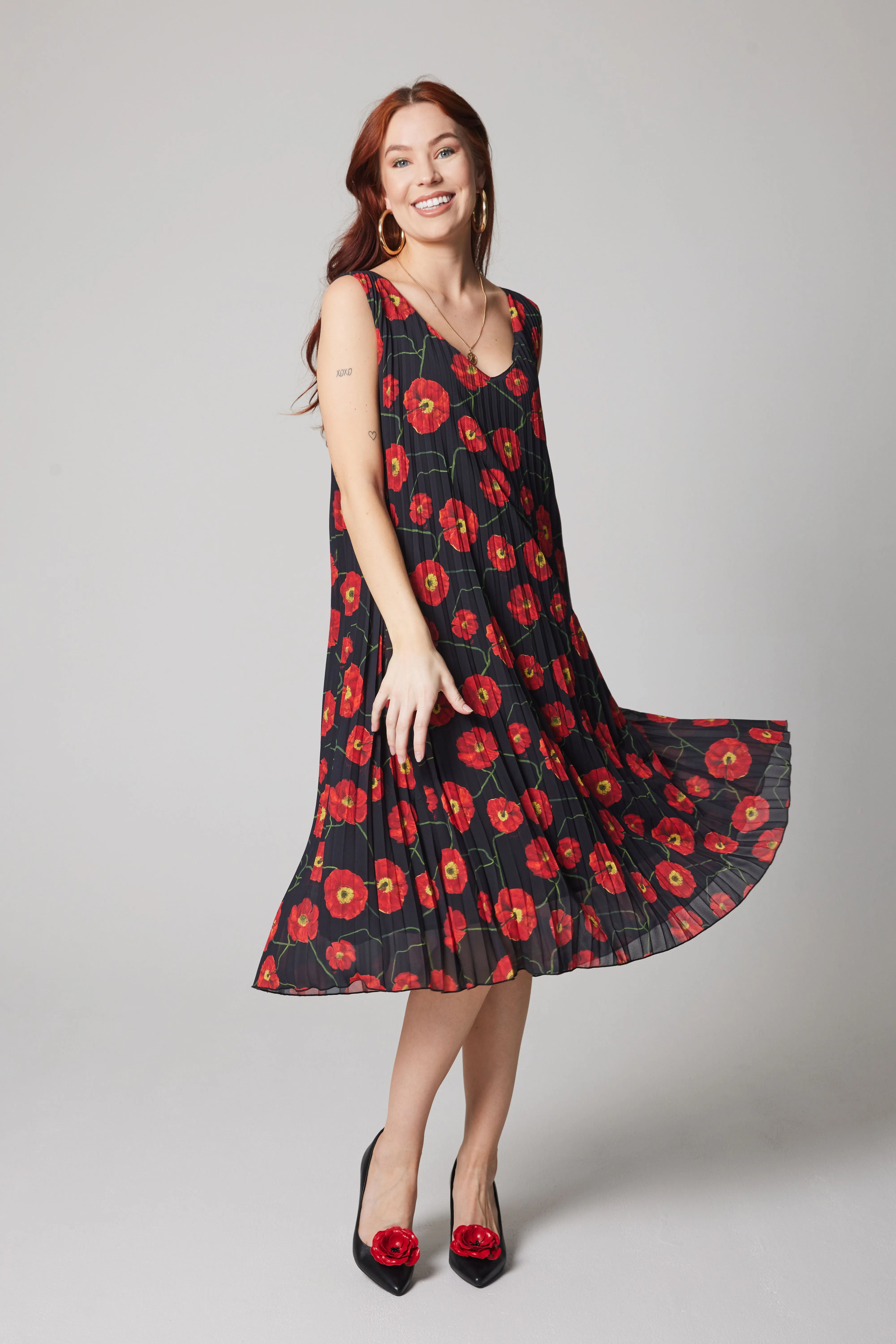 Pleated Dress - Poppies