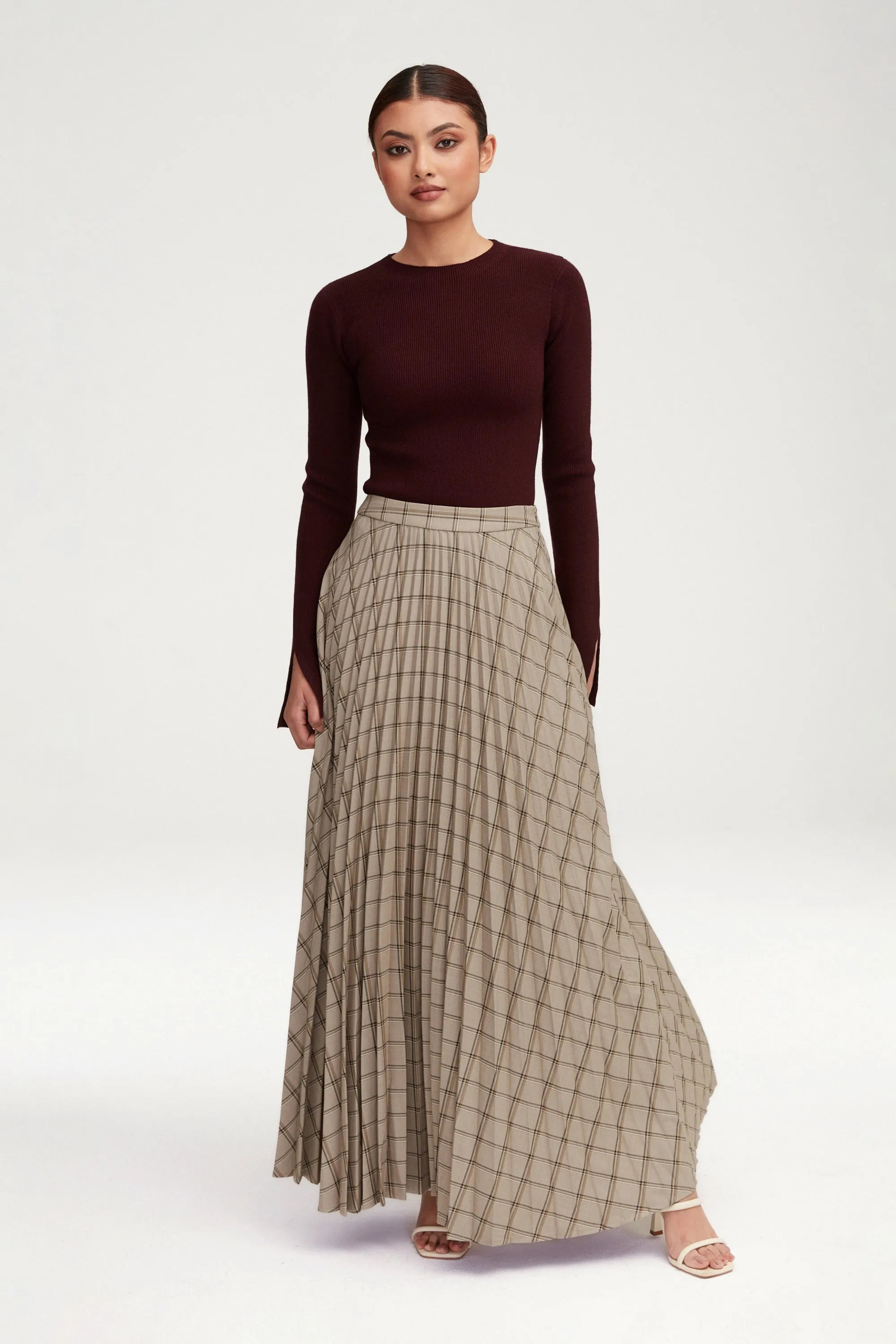 Pleated Plaid A Line Maxi Skirt - Grey