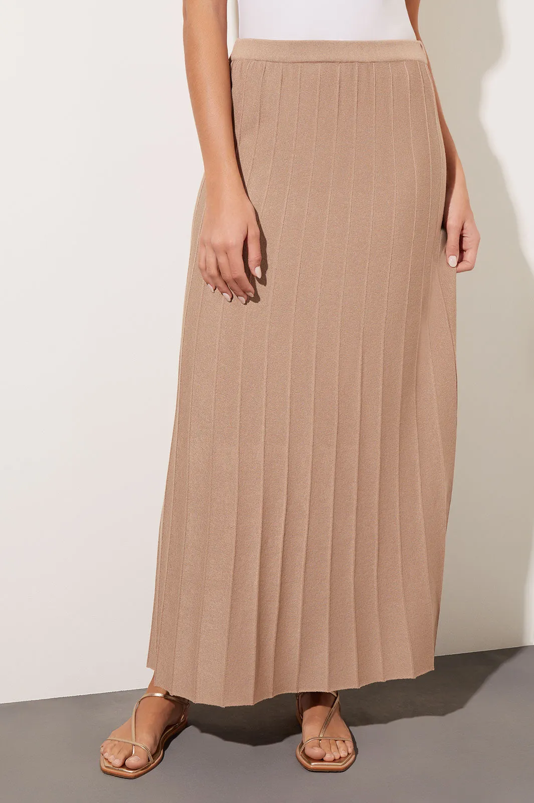 Pleated Soft Knit Maxi Skirt, Dark Champagne