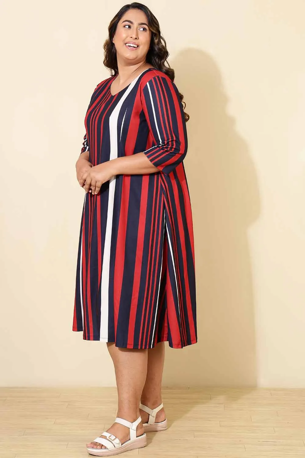 Plus Size Red Blue Striped A line Dress