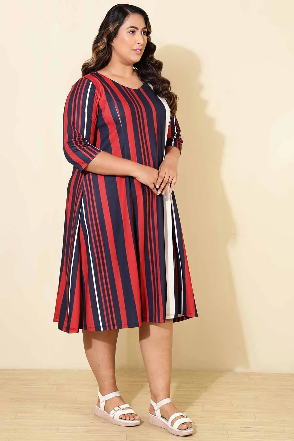 Plus Size Red Blue Striped A line Dress