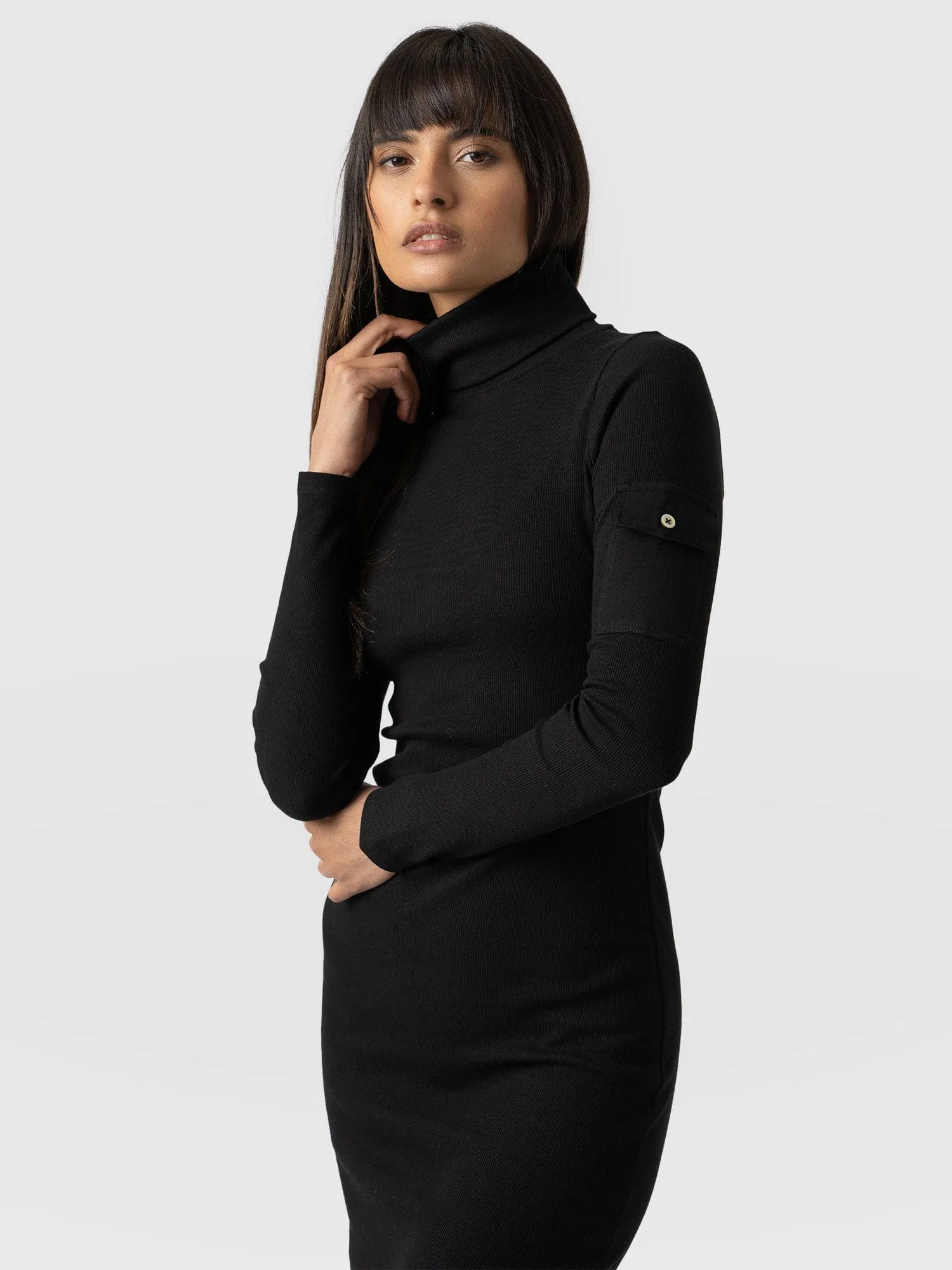 Pocket Roll Neck Dress - Black