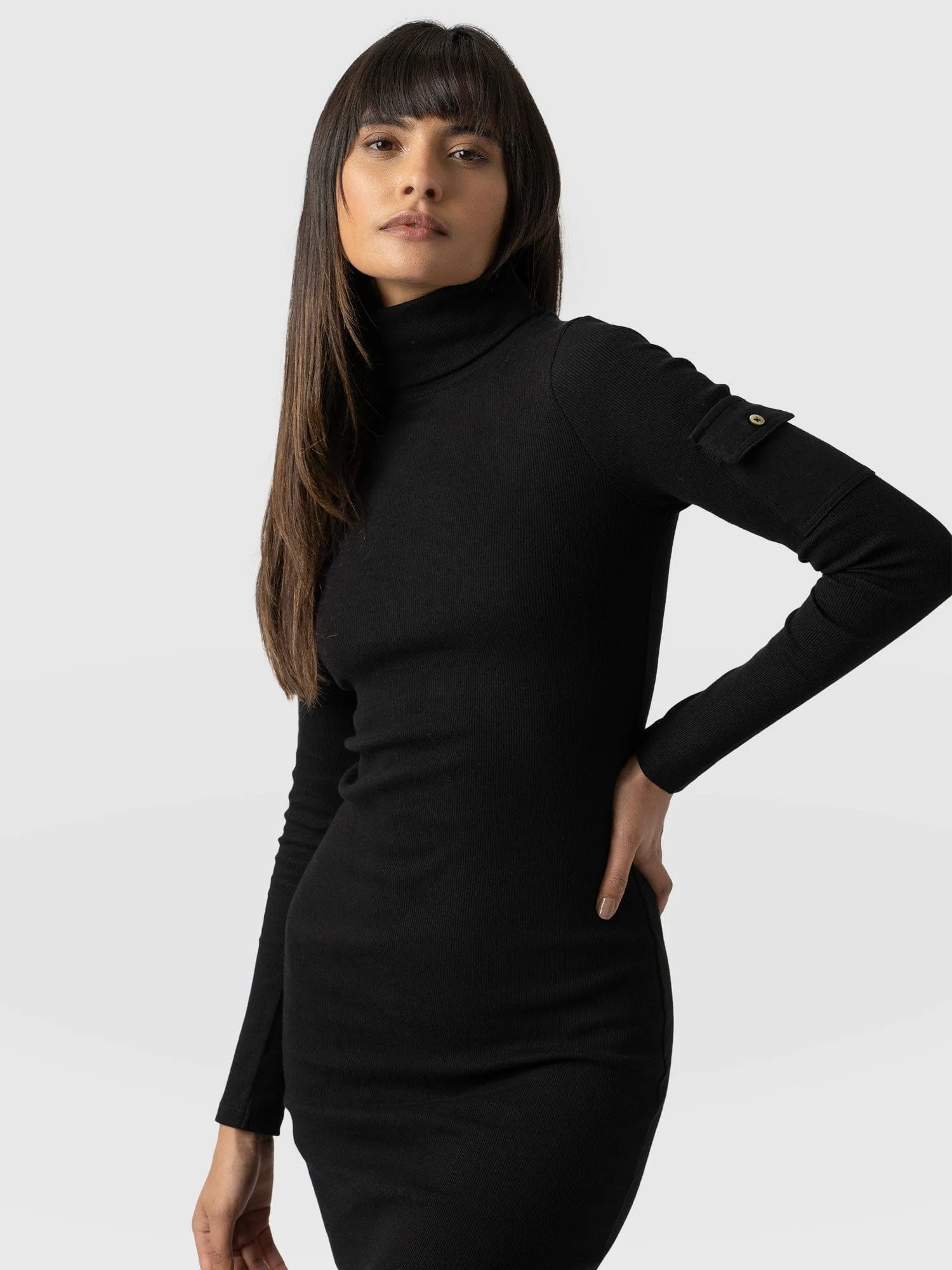 Pocket Roll Neck Dress - Black