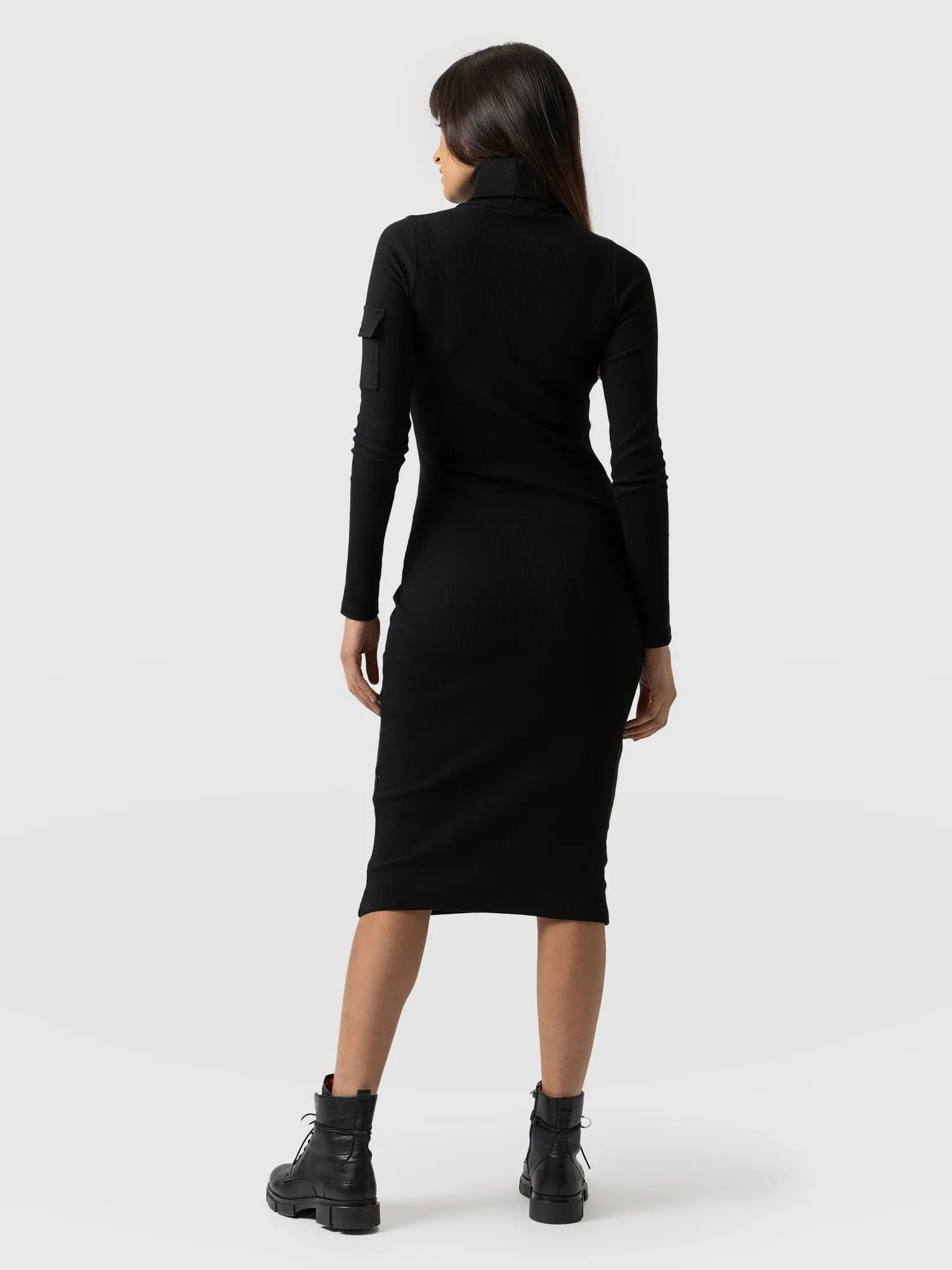 Pocket Roll Neck Dress - Black