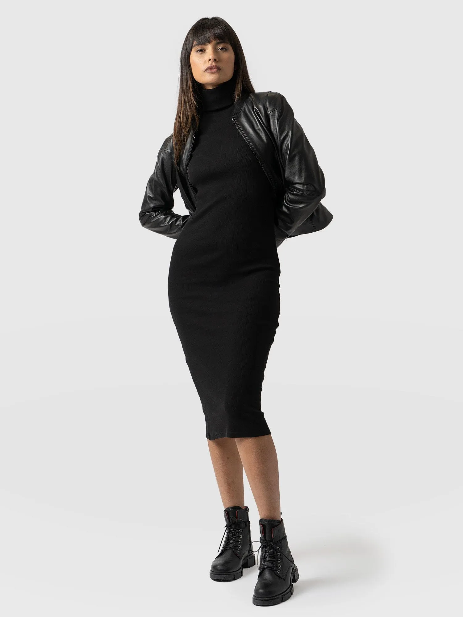 Pocket Roll Neck Dress - Black