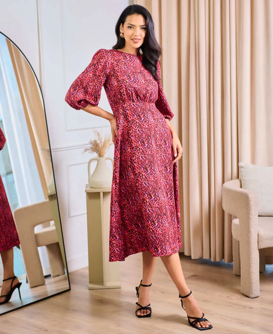 Red Animal 3/4 Sleeve Midi Dress