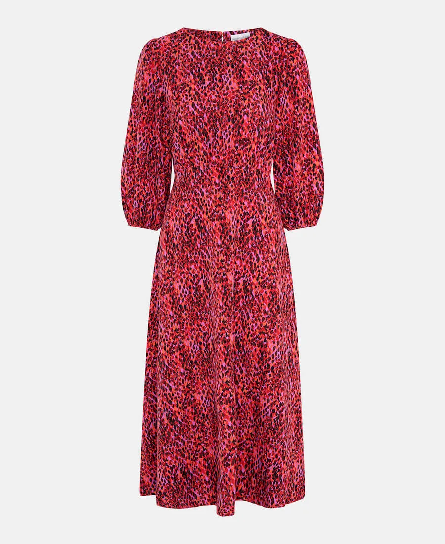 Red Animal 3/4 Sleeve Midi Dress