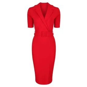 Red Belted Half Sleeve Collared Wiggle Office Dress