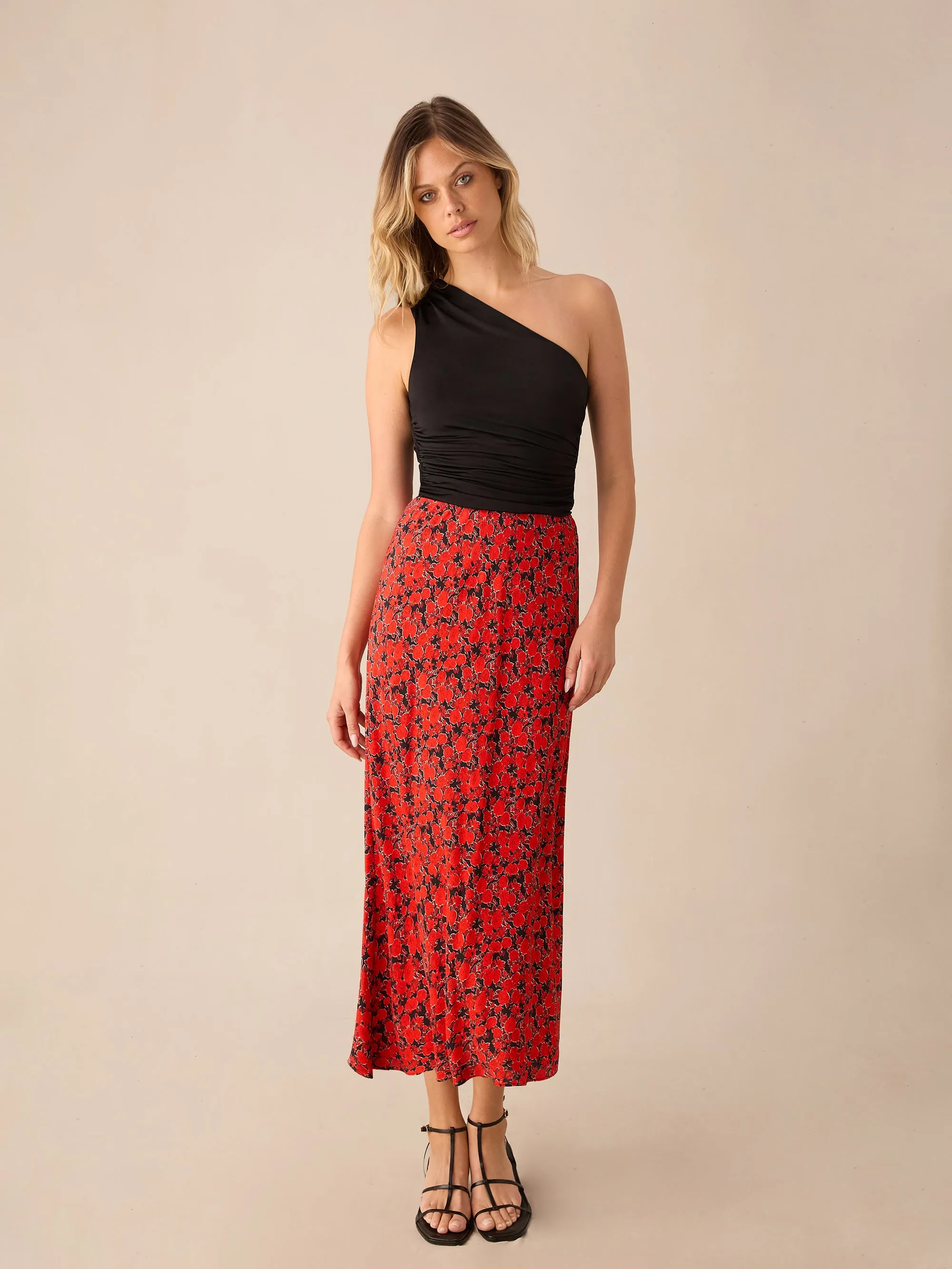 Red Blurred Floral Print Bias Cut Maxi Skirt