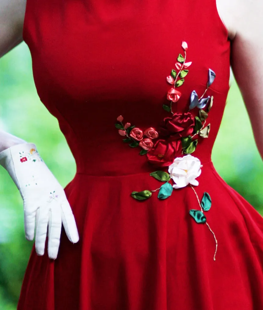 red camellia - 3D ribbon embroidery dress