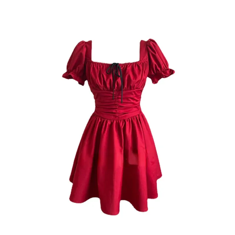 Red Mini Dress With Short Puffed Sleeves