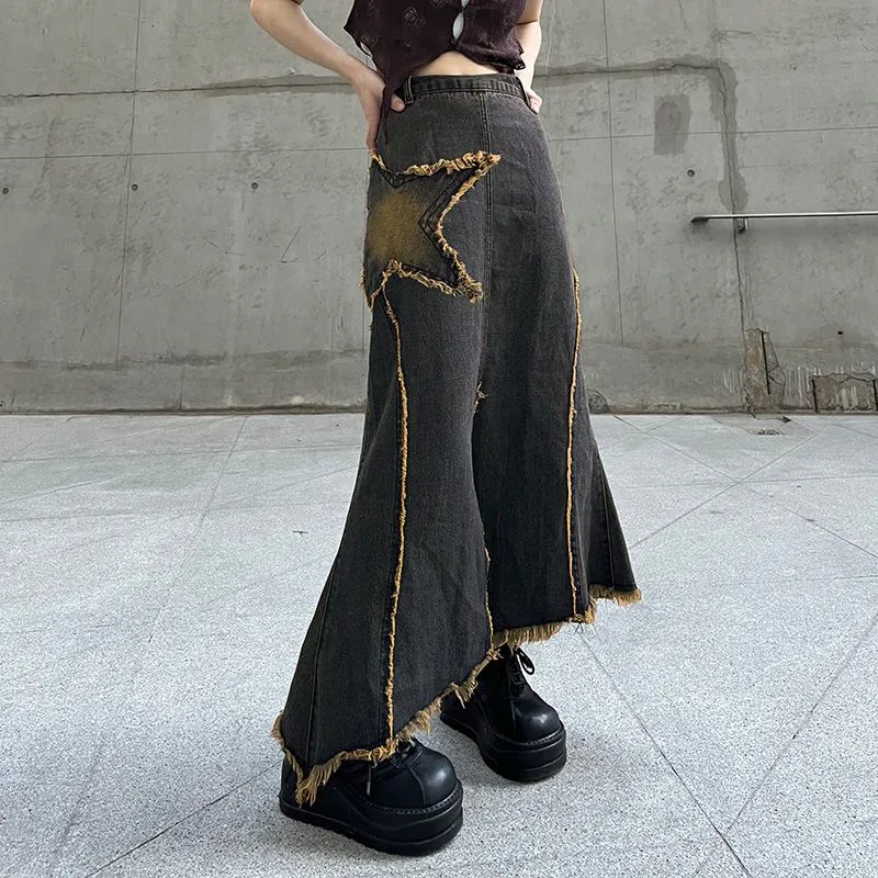 Retro Stars Ripped Distressed Front Slit Long Denim Flare Skirt