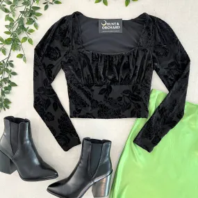 Rose Burnout Velvet Crop Top - Black