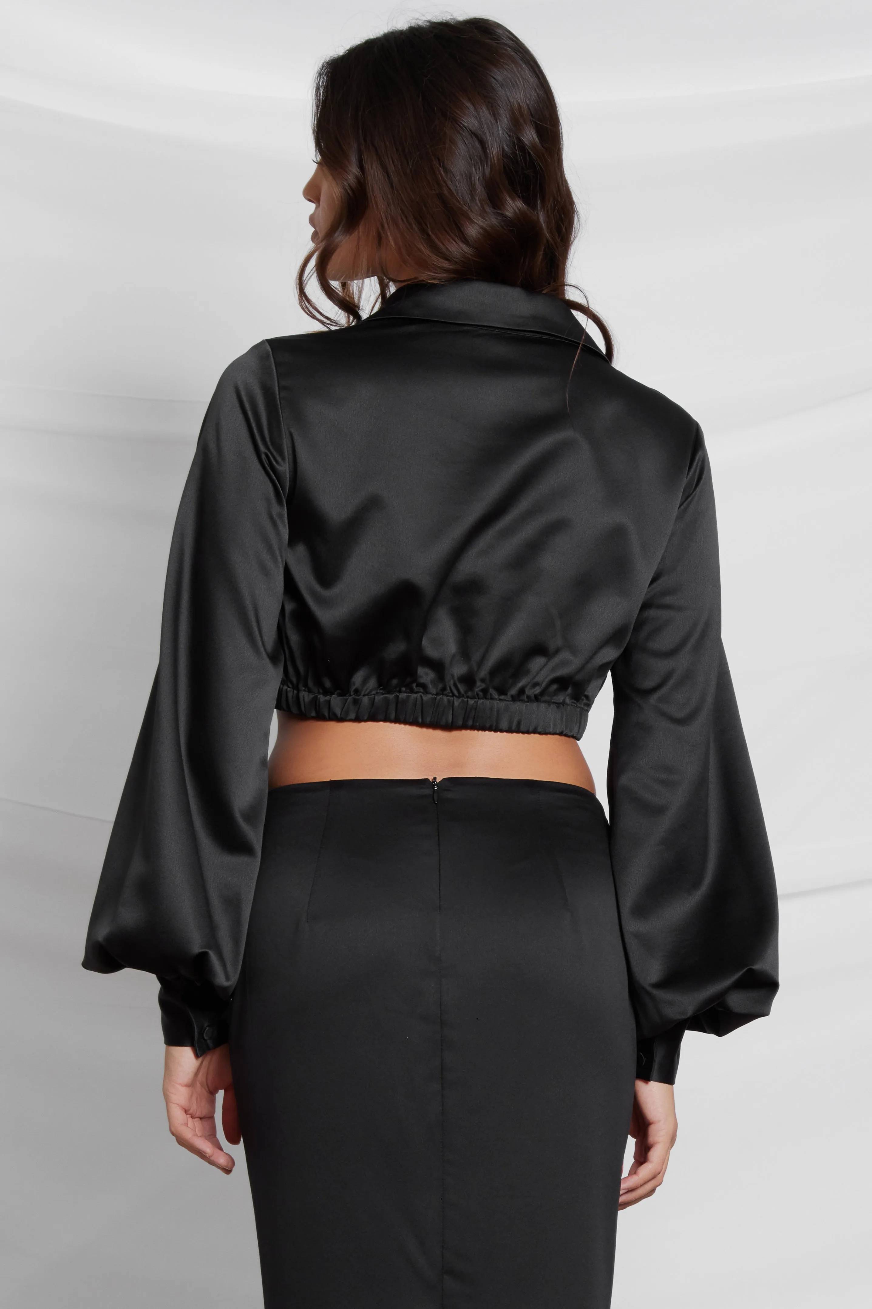 Seraphina Satin Plunge Crop Top - Black