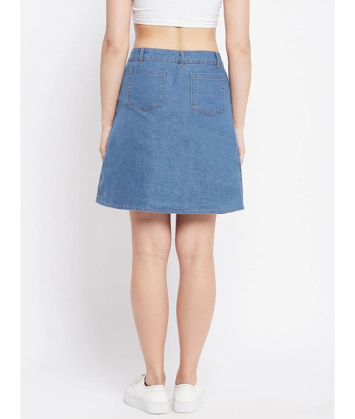 Stretchable Knee length Side Patch Denim Skirt