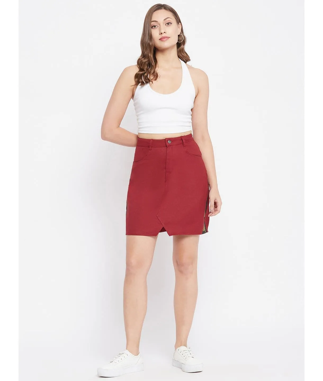 Stretchable Knee length Side Patch Denim Skirt