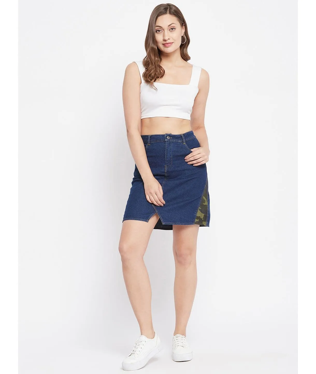 Stretchable Knee length Side Patch Denim Skirt