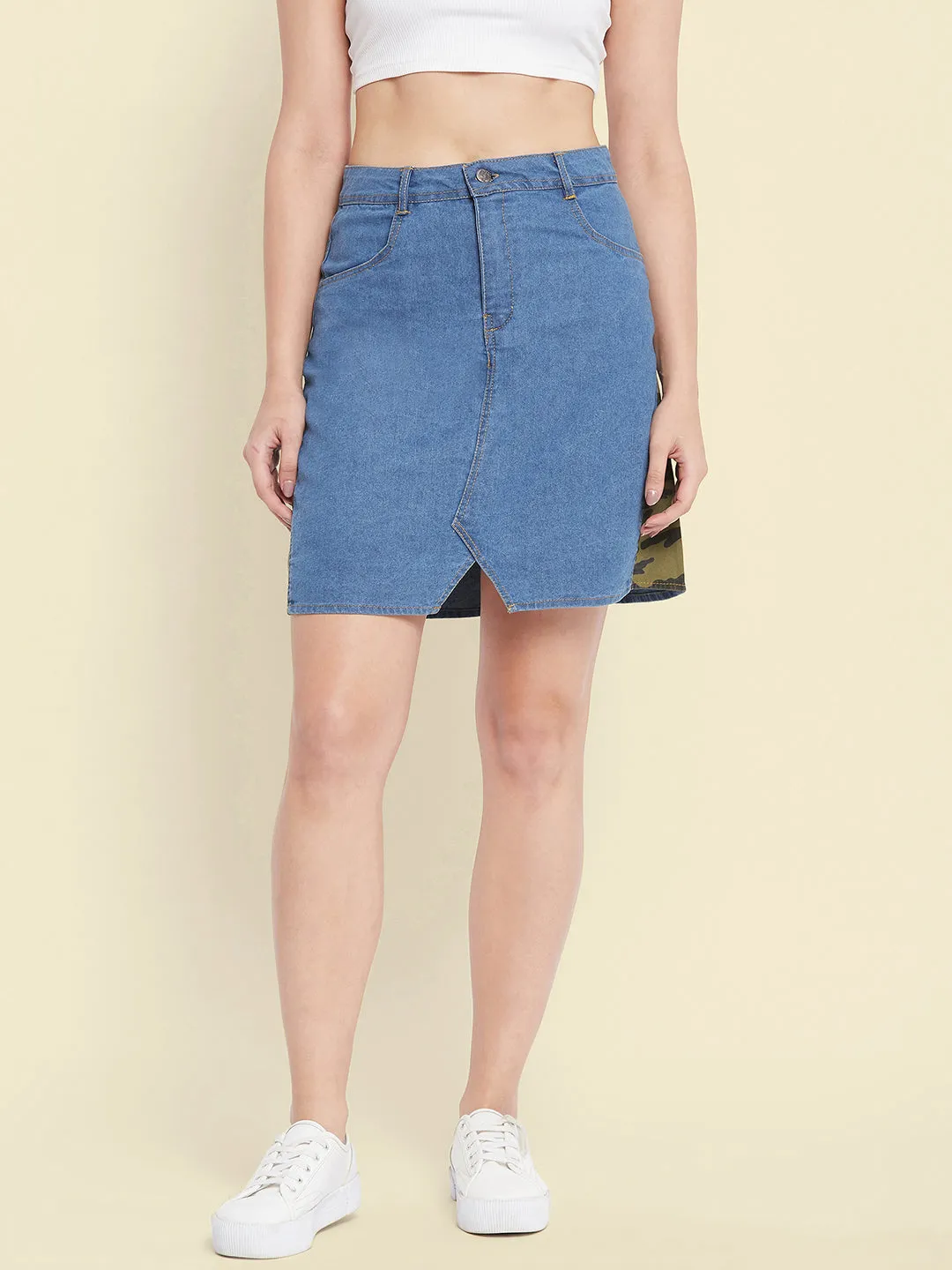 Stretchable Knee length Side Patch Denim Skirt