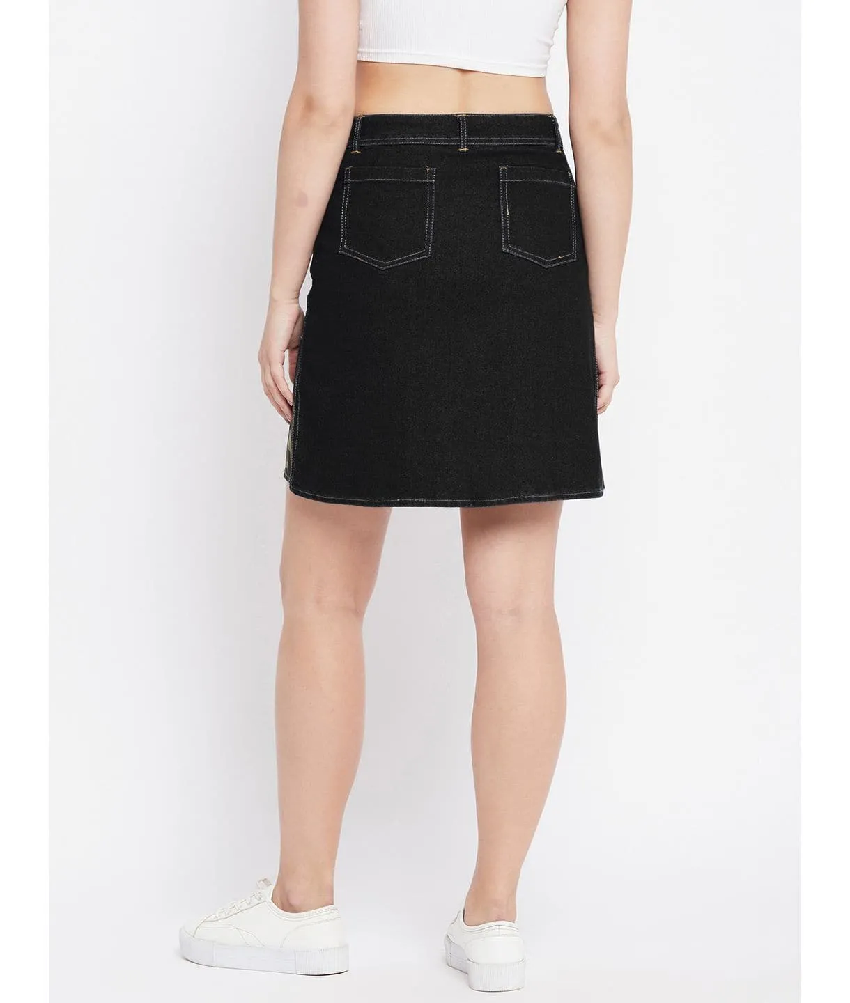 Stretchable Knee length Side Patch Denim Skirt