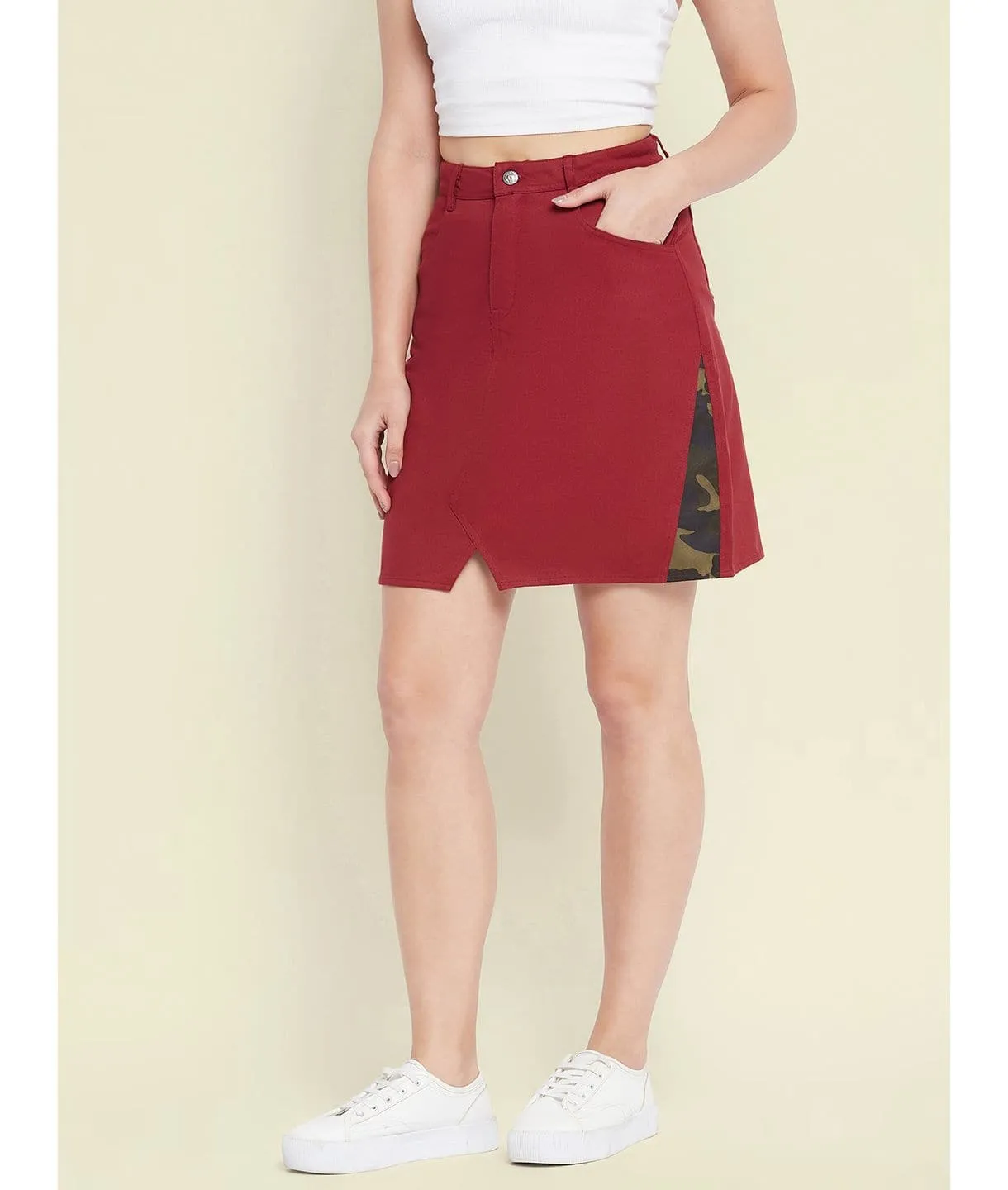 Stretchable Knee length Side Patch Denim Skirt