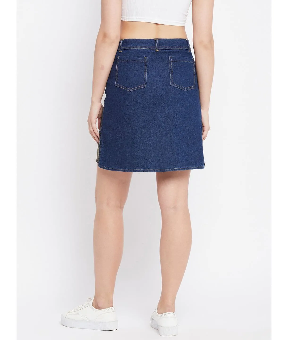 Stretchable Knee length Side Patch Denim Skirt