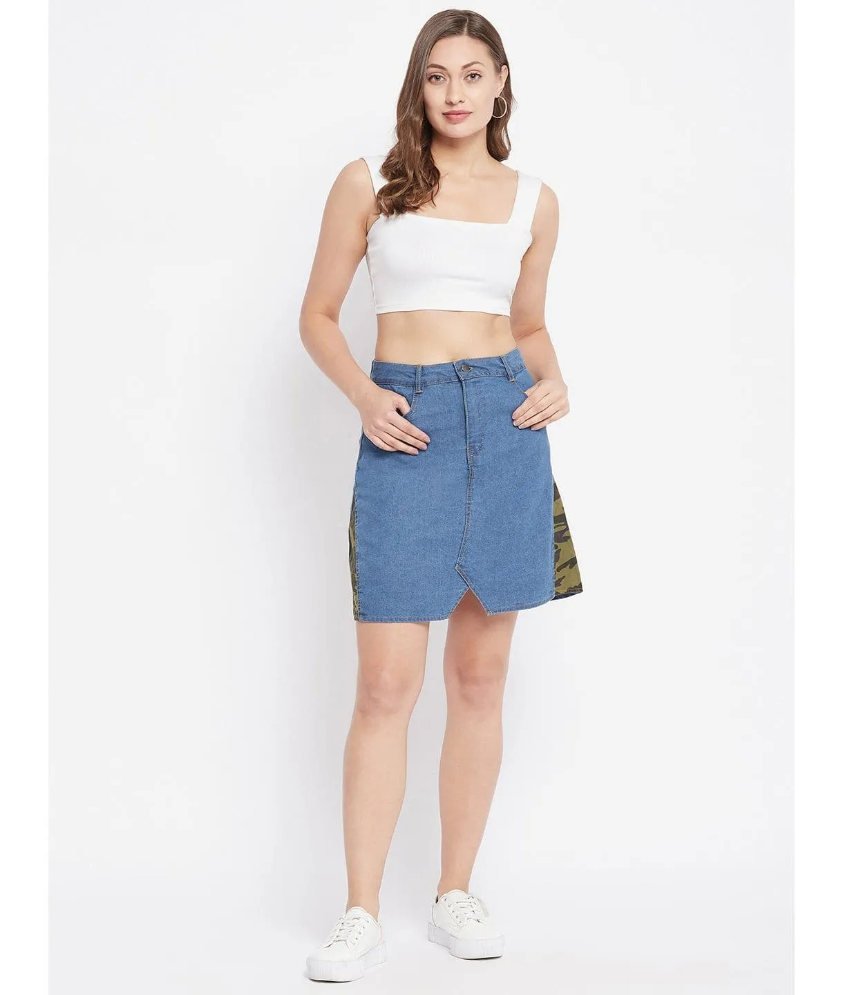 Stretchable Knee length Side Patch Denim Skirt