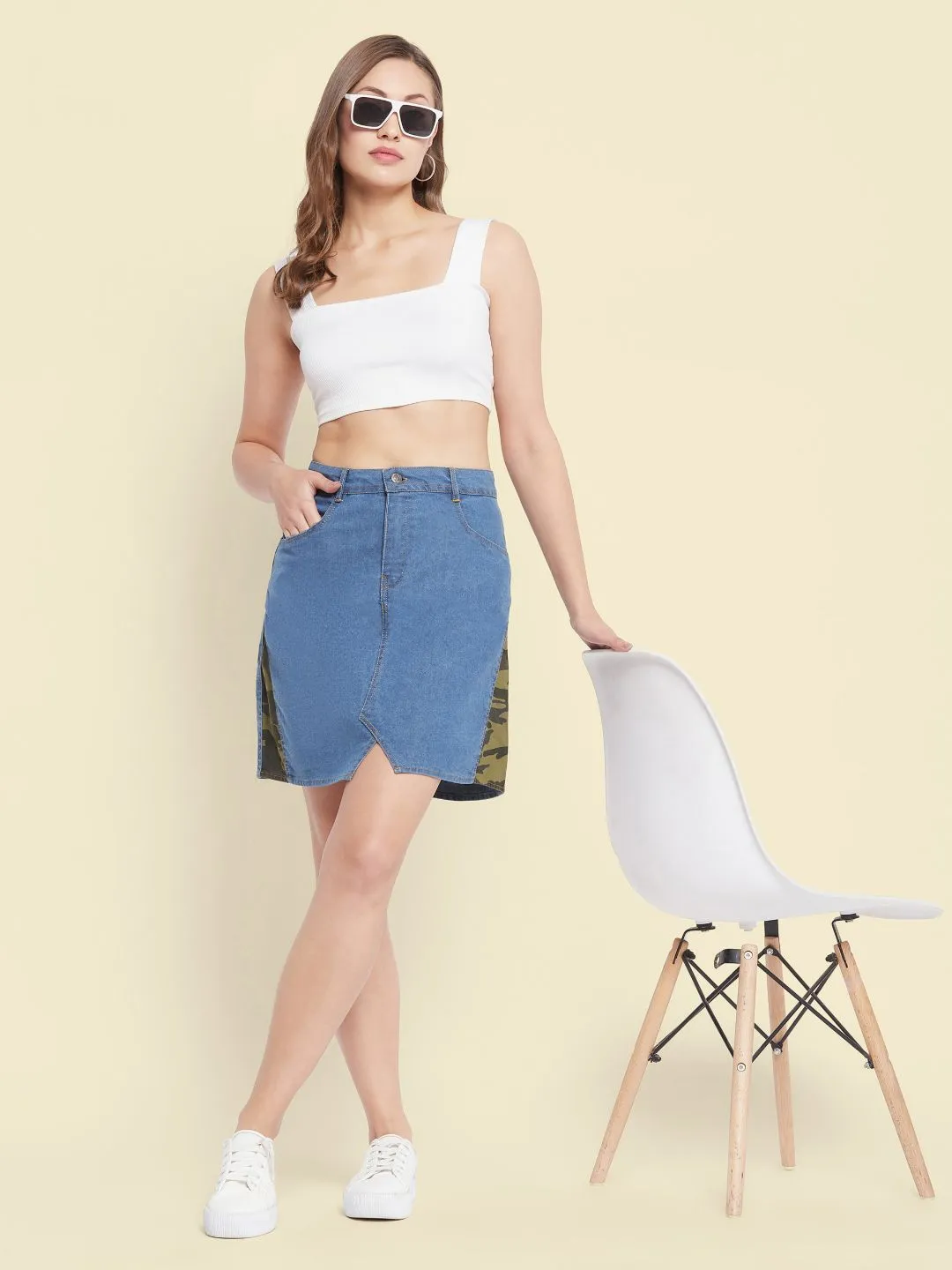 Stretchable Knee length Side Patch Denim Skirt