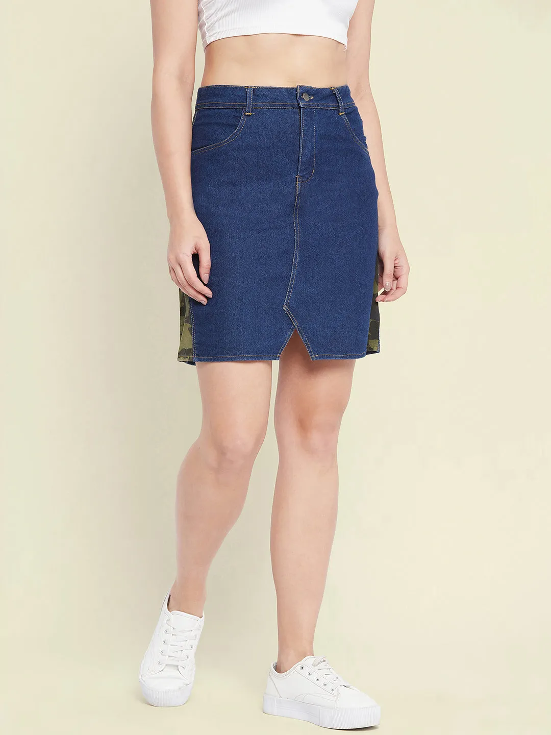 Stretchable Knee length Side Patch Denim Skirt