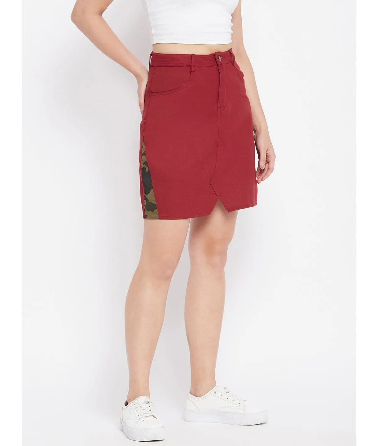 Stretchable Knee length Side Patch Denim Skirt