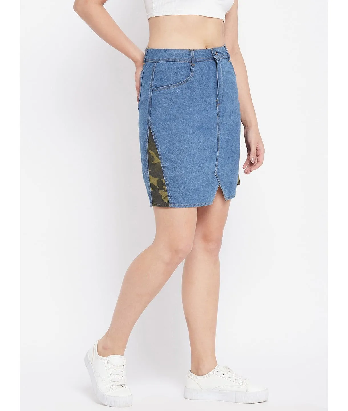 Stretchable Knee length Side Patch Denim Skirt