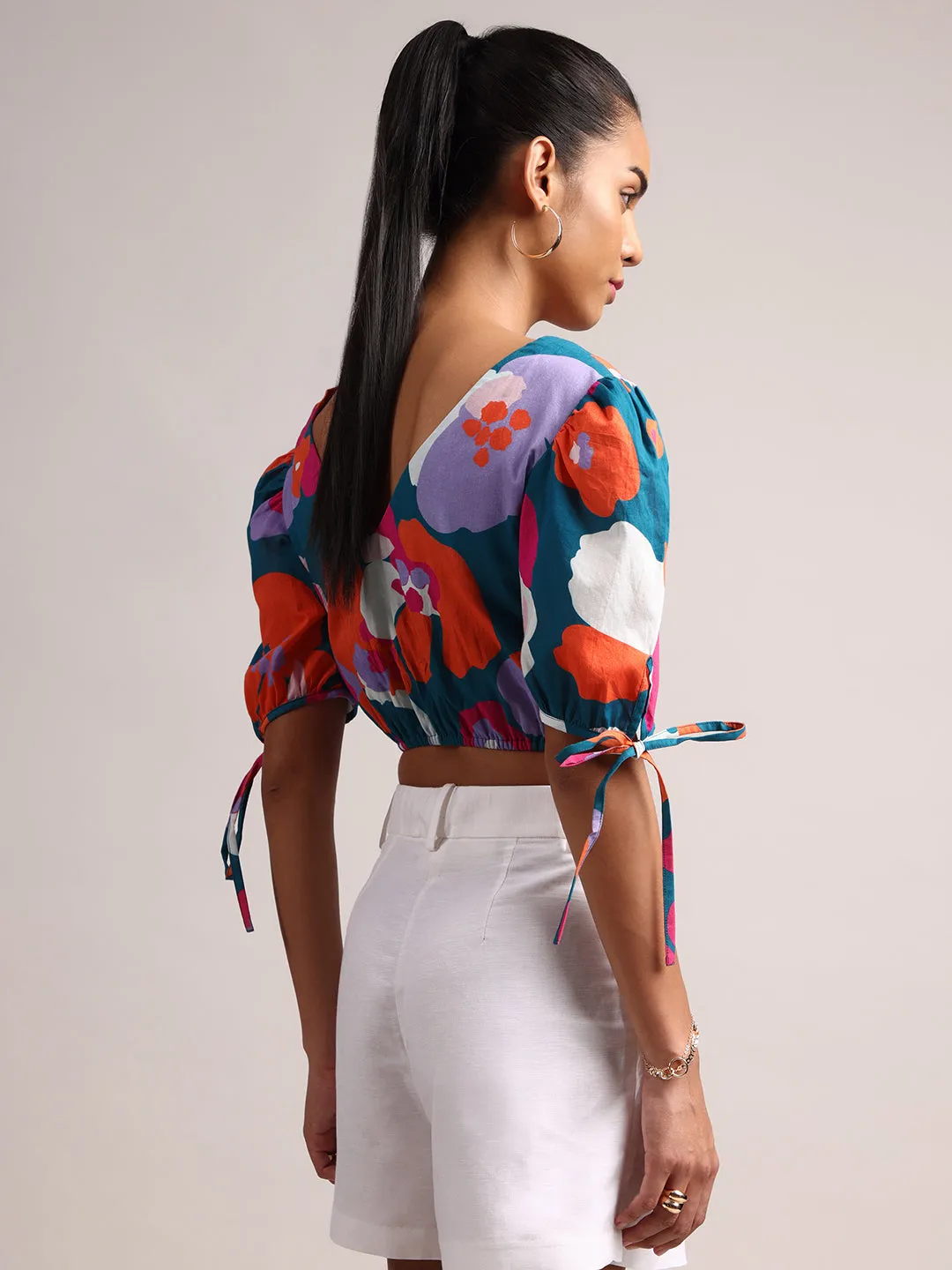 Teal Cotton Floral Crop Top