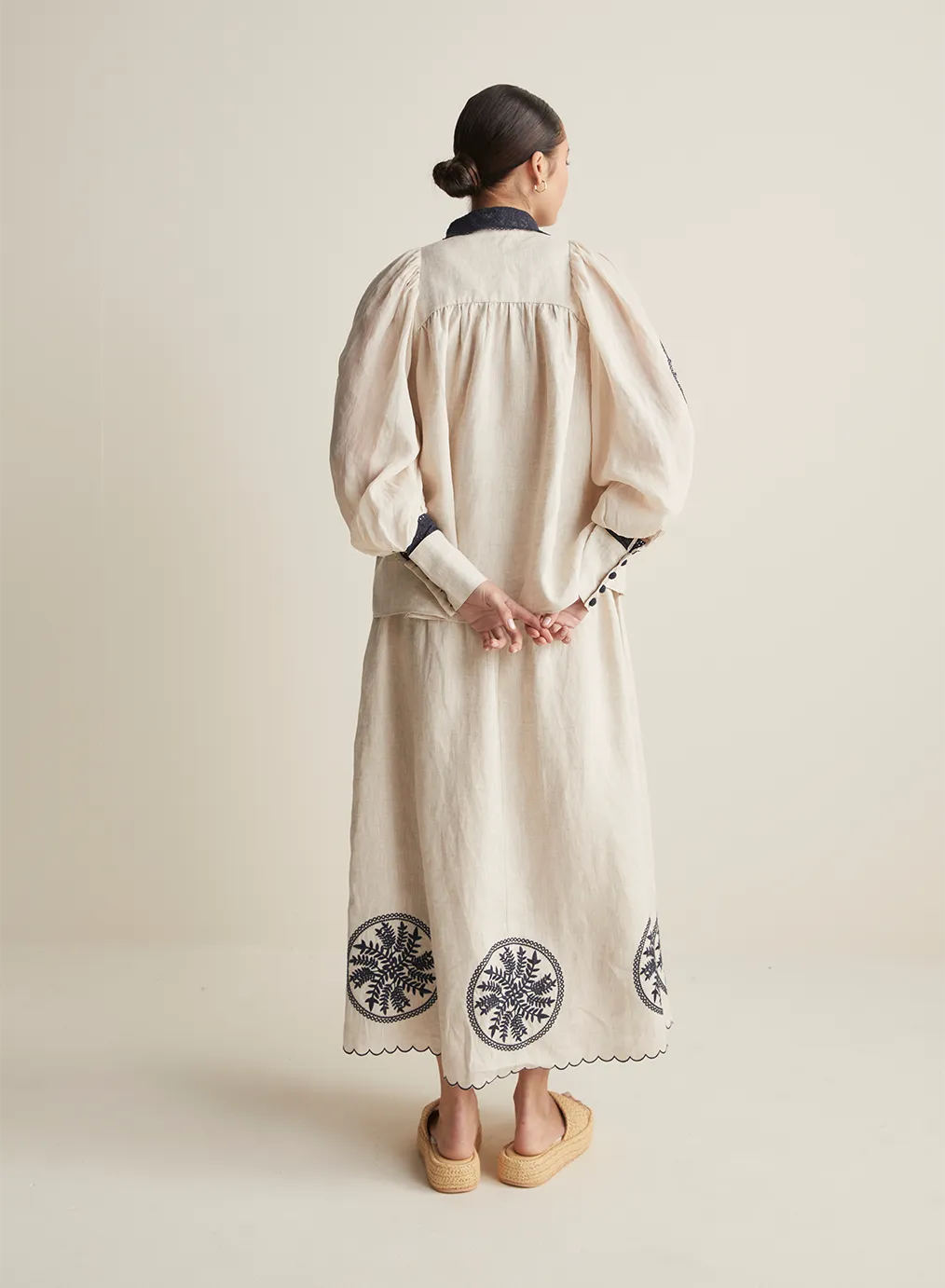 Vanessa Linen Maxi Embroidery Skirt | Flax Navy