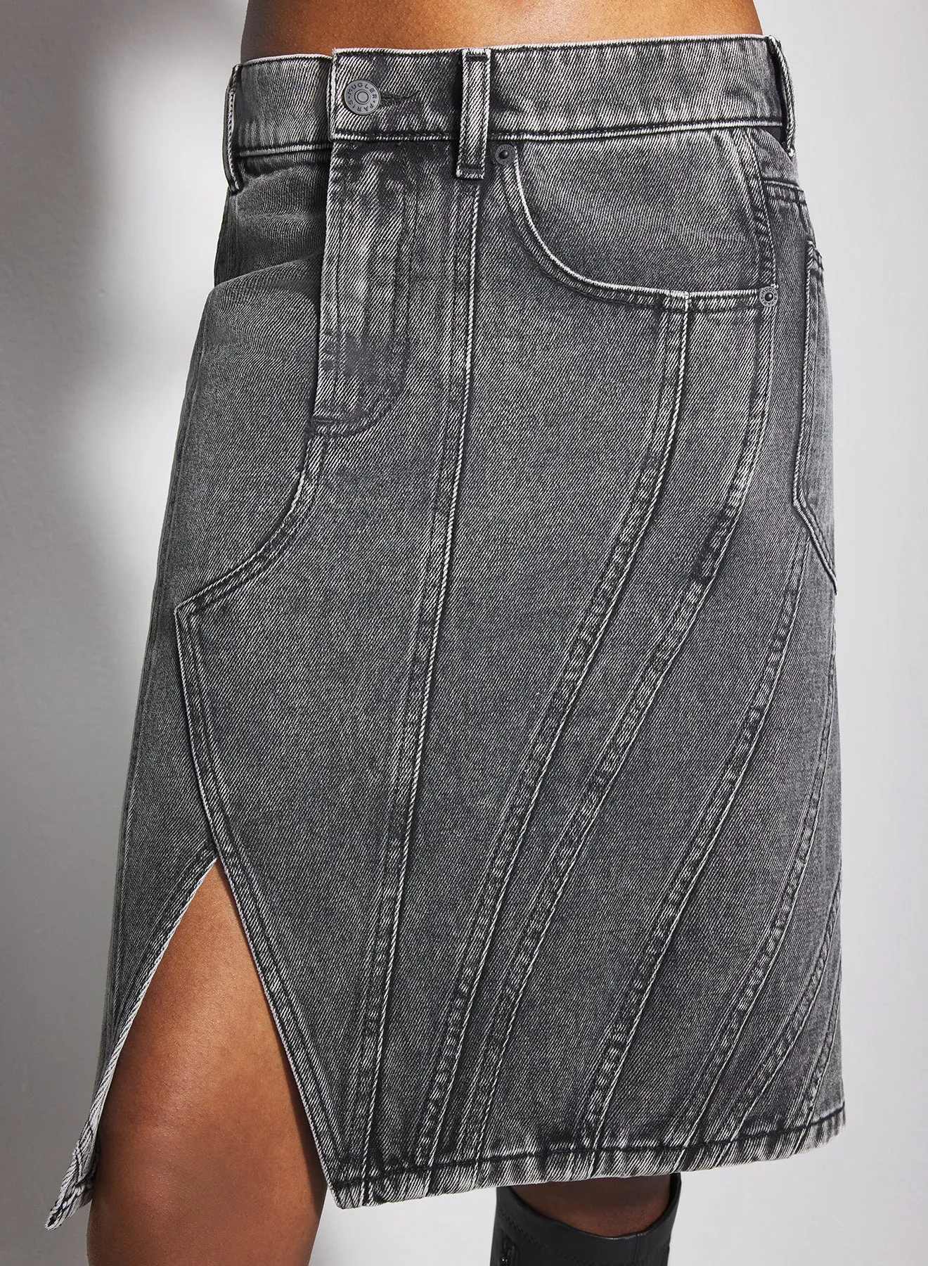 washed black spiral denim skirt